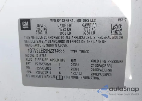 2017 GMC Sierra 1500 из США, поврежденный, VIN 1GTV2LEC9HZ374683